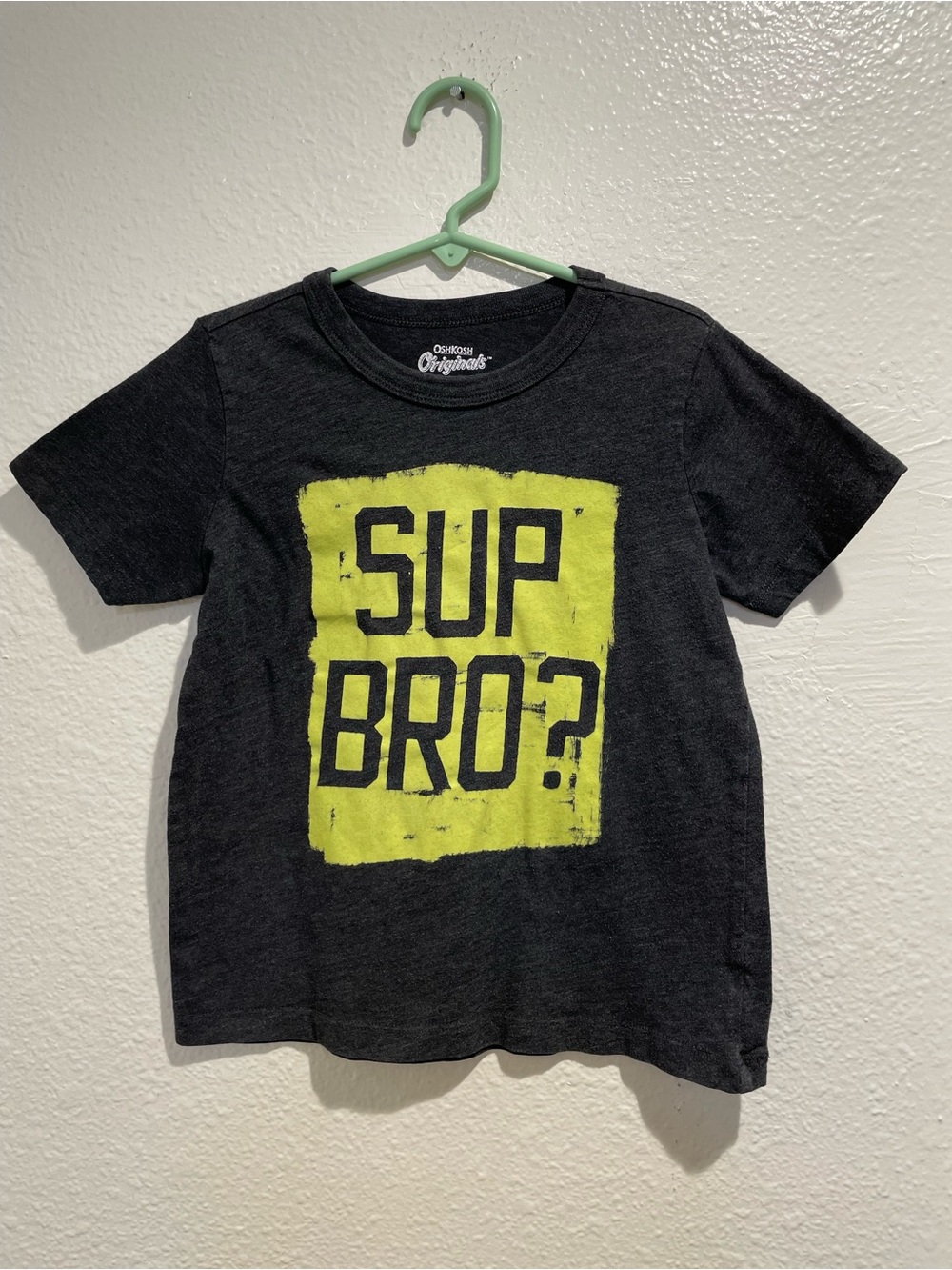 OshKosh B'gosh Boys Size 6 Charcoal Grey Neon Yellow Sup Bro Graphic T-Shirt